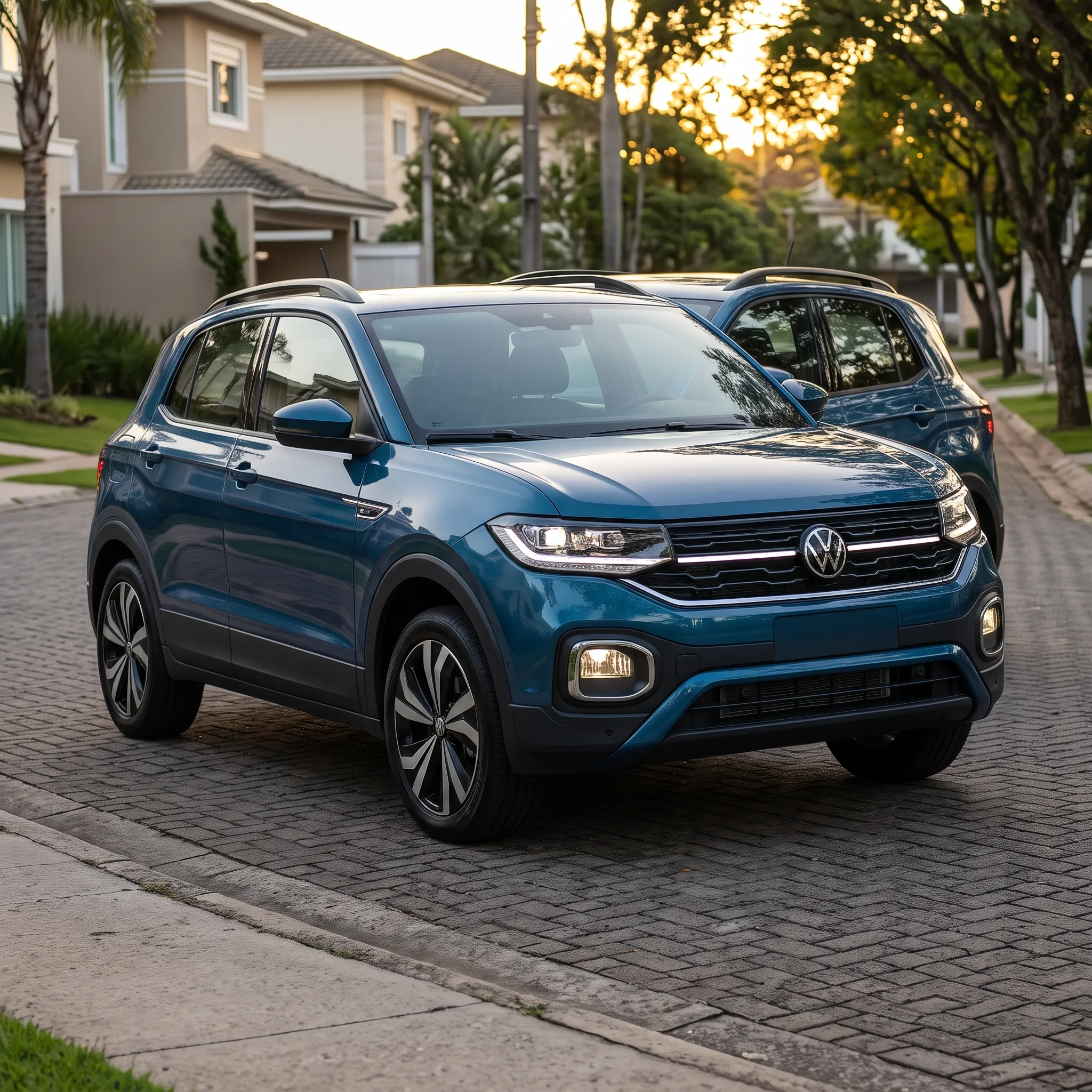 SUV azul estacionado em rua residencial ao entardecer